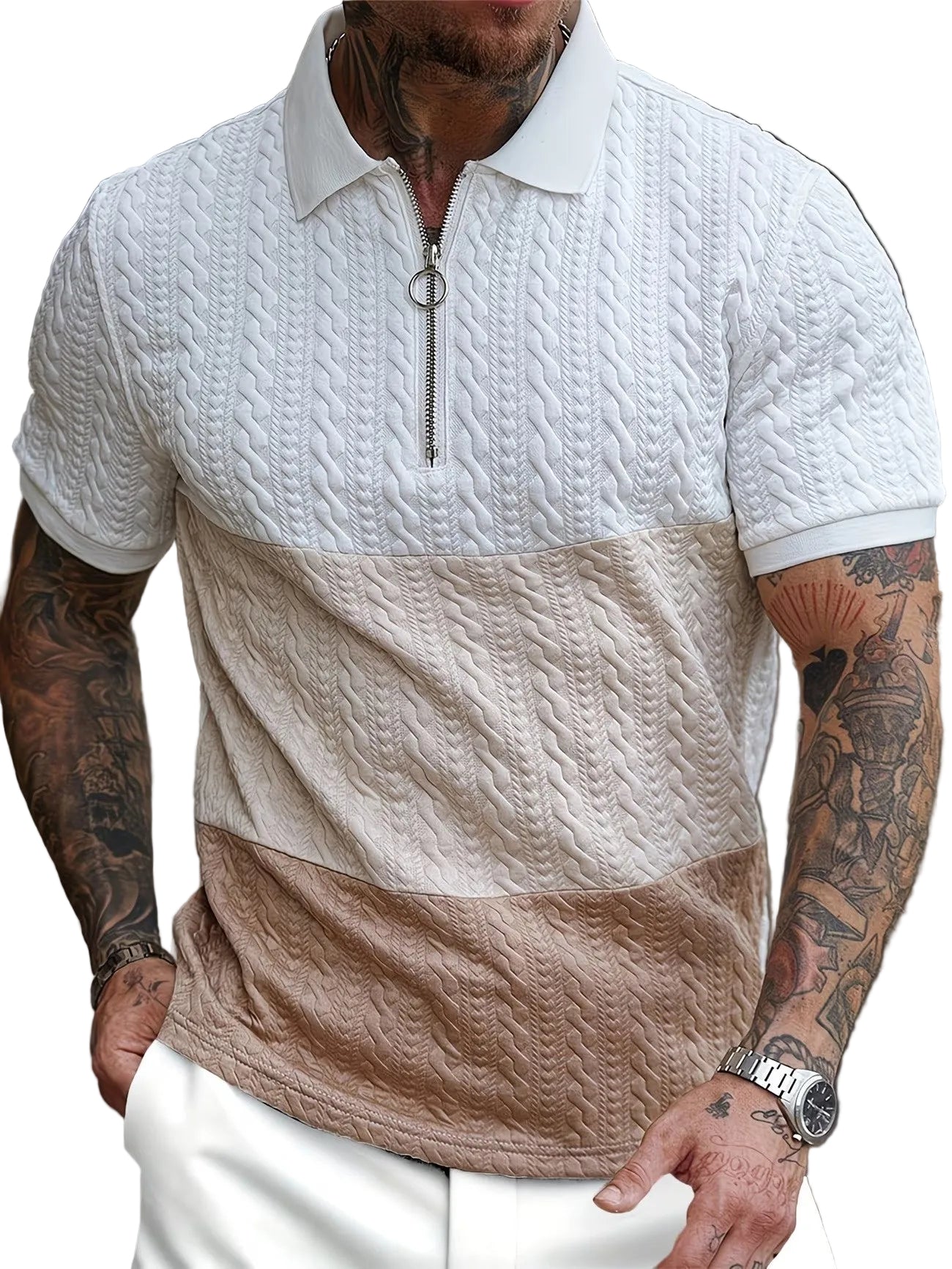 Men's Quarter-Zip Polo Shirt with Cable-Knit Pattern – Vrylexon
