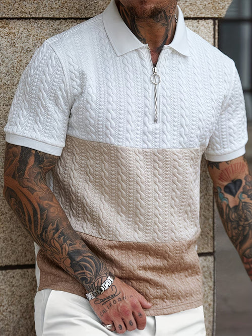 Men's Quarter-Zip Polo Shirt with Cable-Knit Pattern