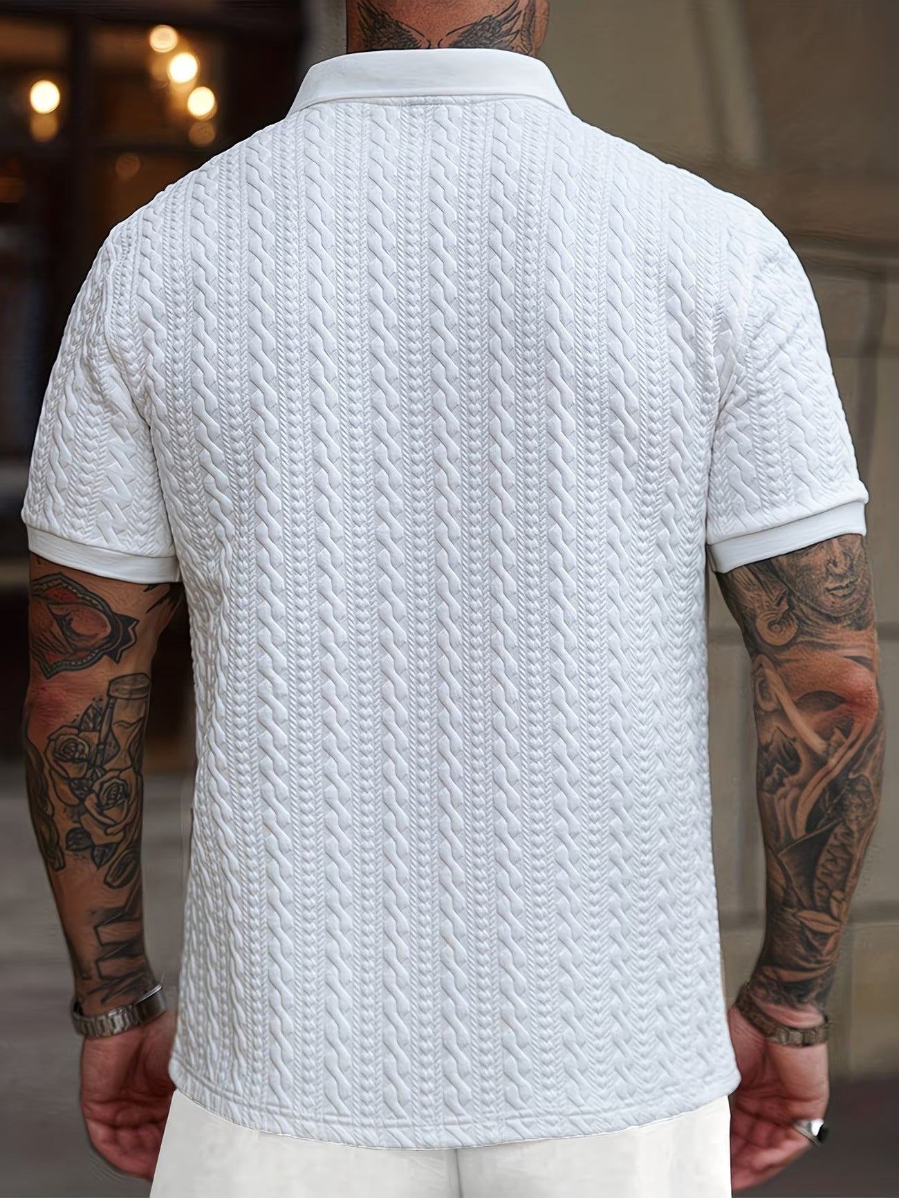 Men's Quarter-Zip Polo Shirt with Cable-Knit Pattern