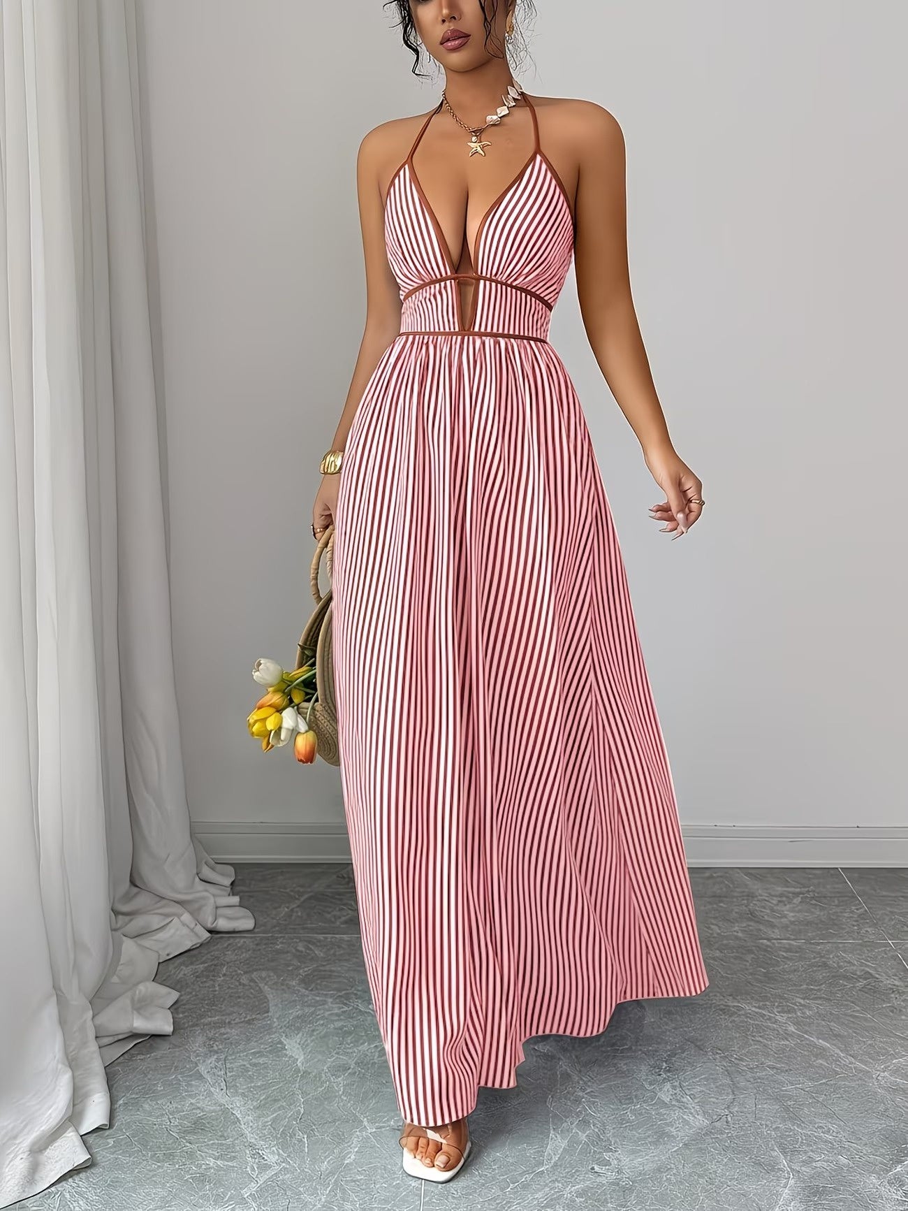 Women's Striped Halter Maxi Dress