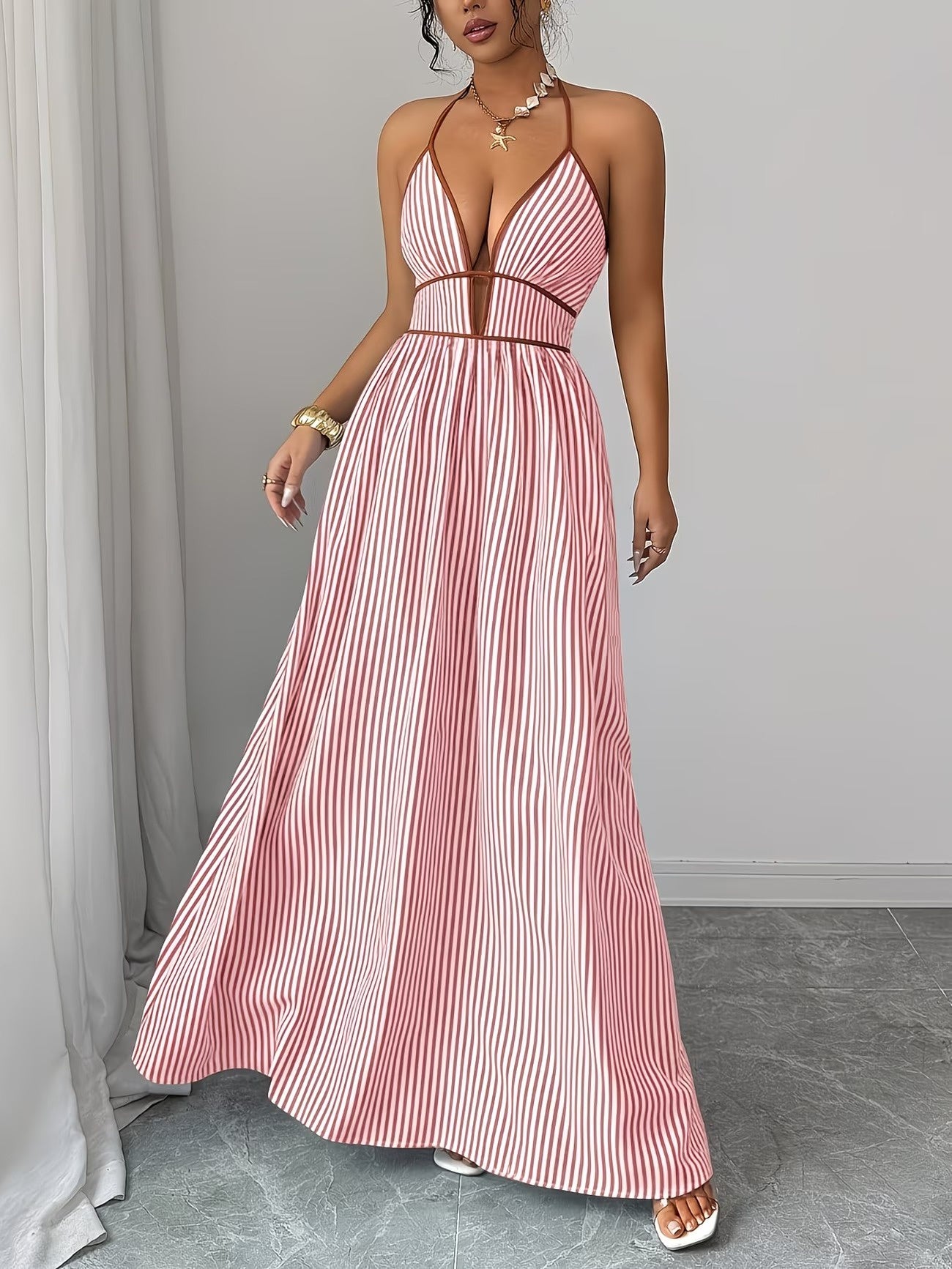Women's Striped Halter Maxi Dress